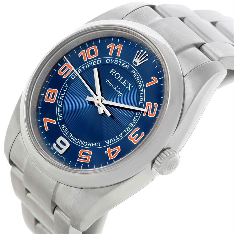 The image shows a Rolex Air-King 114200 Men's Stainless Steel Blue Dial 114200 Men's Stainless Steel Blue Dial watch at a slight angle, highlighting the dial, crown, and part of the bracelet.