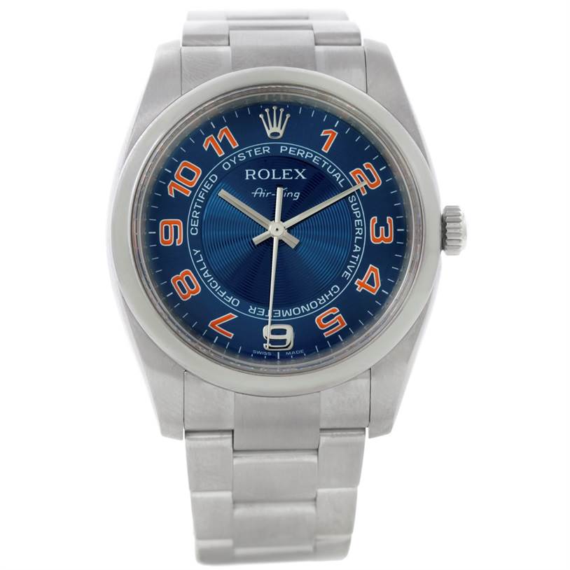 This Rolex Air-King 114200 Men's Stainless Steel Blue Dial 114200 Men's Stainless Steel Blue Dial watch is shown from a front angle, highlighting the blue dial, orange numerals, and stainless steel bracelet.