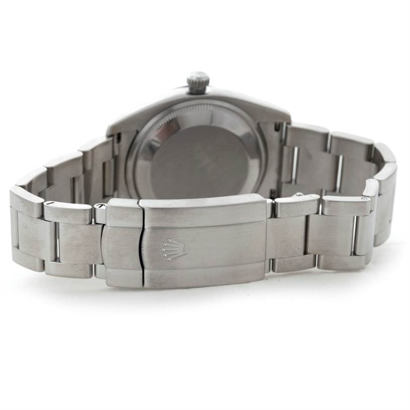 The image shows the back view of a Rolex Air-King 114200 Men's Stainless Steel Blue Dial 114200 Men's Stainless Steel Blue Dial watch, focusing on the clasp and bracelet.