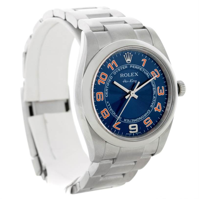 The image shows an angled front view of a Rolex Air-King 114200 Men's Stainless Steel Blue Dial 114200 Men's Stainless Steel Blue Dial watch, displaying its face, bezel, bracelet, and clasp.