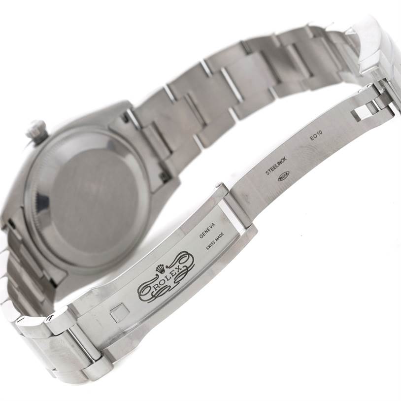 The image shows the stainless steel clasp and back case of a Rolex Air-King 114200 Men's Stainless Steel Blue Dial 114200 Men's Stainless Steel Blue Dial watch.