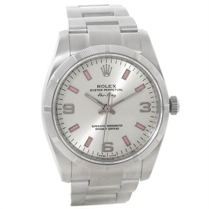 The image shows a front view of a Rolex Air-King 114200 Men's Stainless Steel Silver Dial 114200 Men's Stainless Steel Silver Dial watch, highlighting its dial, hands, crown, and part of the bracelet.