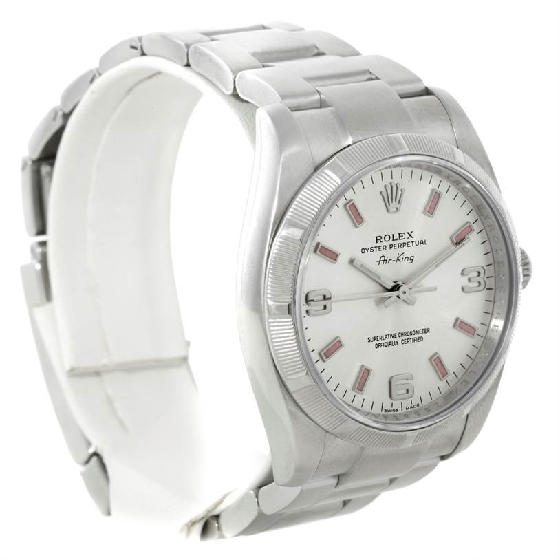 This image shows the Rolex Air-King 114200 Men's Stainless Steel Silver Dial 114200 Men's Stainless Steel Silver Dial watch at a slight angle highlighting the dial, bezel, and bracelet.