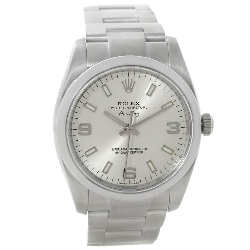 The image shows a front view of a Rolex Air-King 114200 Men's Stainless Steel Silver Dial 114200 Men's Stainless Steel Silver Dial watch, displaying the dial, hands, crown, and part of the metal bracelet.