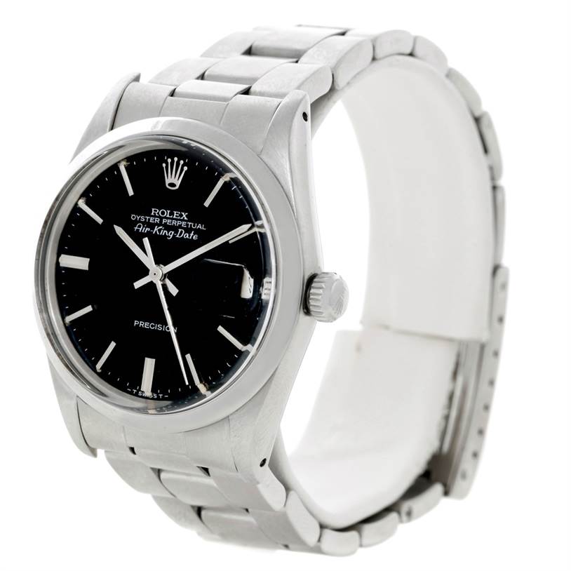 The Rolex Air-King 5700 Men's Stainless Steel Black Dial 5700 Men's Stainless Steel Black Dial watch is shown from a three-quarter angle, displaying the face, bracelet, and crown.