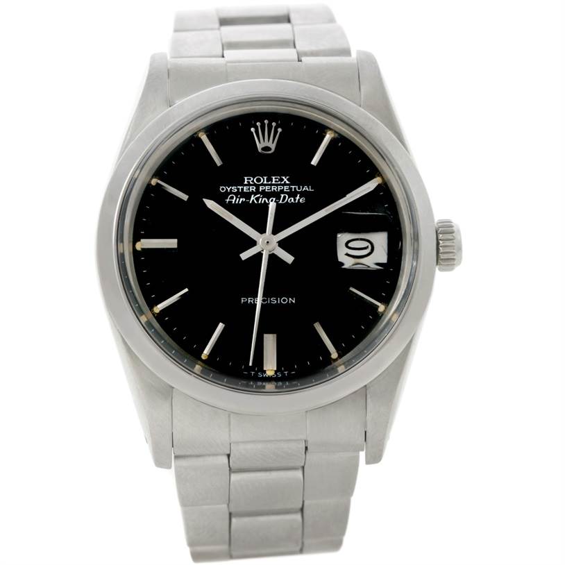 This Rolex Air-King 5700 Men's Stainless Steel Black Dial 5700 Men's Stainless Steel Black Dial watch is shown from a front view, highlighting the dial, bezel, bracelet, and crown.