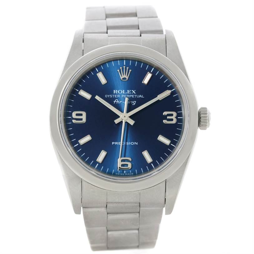 The image shows a frontal view of a Rolex Air-King 14000 Men's Stainless Steel Blue Dial 14000 Men's Stainless Steel Blue Dial watch displaying its dial, bezel, and stainless steel bracelet.