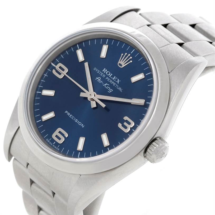 The image shows a Rolex Air-King 14000 Men's Stainless Steel Blue Dial 14000 Men's Stainless Steel Blue Dial watch at an angle highlighting its blue dial, crown, and stainless steel bracelet.