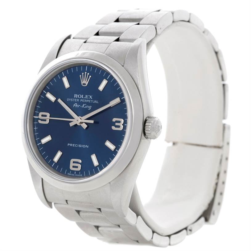 This image shows a Rolex Air-King 14000 Men's Stainless Steel Blue Dial 14000 Men's Stainless Steel Blue Dial watch from an angled front view, displaying its blue dial, hour markers, and stainless steel bracelet.
