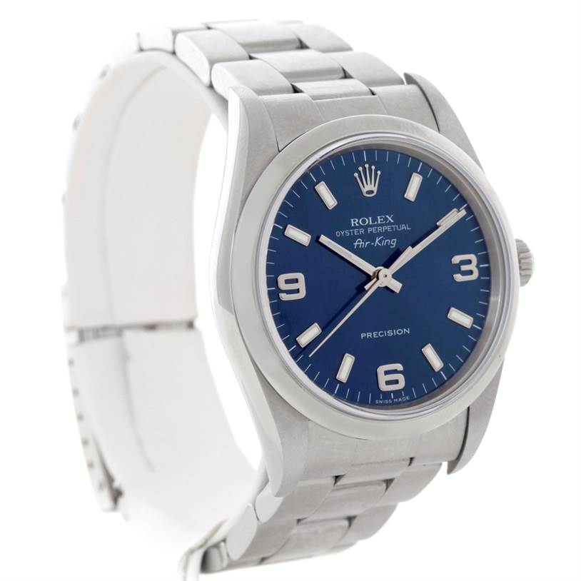 This image shows a Rolex Air-King 14000 Men's Stainless Steel Blue Dial 14000 Men's Stainless Steel Blue Dial watch from a front-left angle, displaying the dial, case, and bracelet clearly.