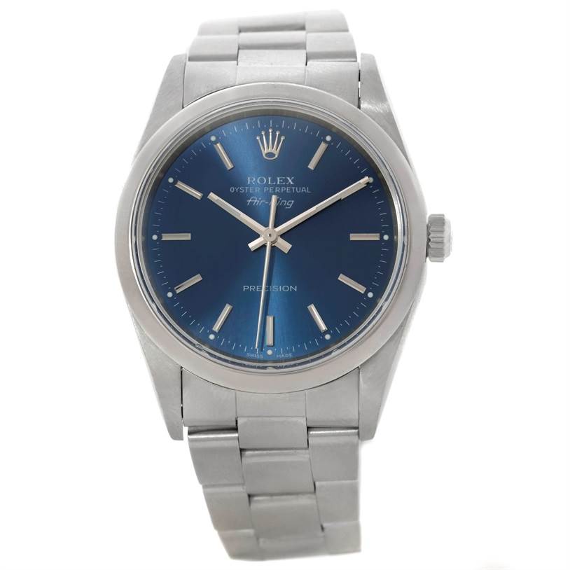 This image shows a front view of a Rolex Air-King 14000 Men's Stainless Steel Blue Dial 14000 Men's Stainless Steel Blue Dial watch, displaying its blue dial, silver hands, markers, and metal bracelet.