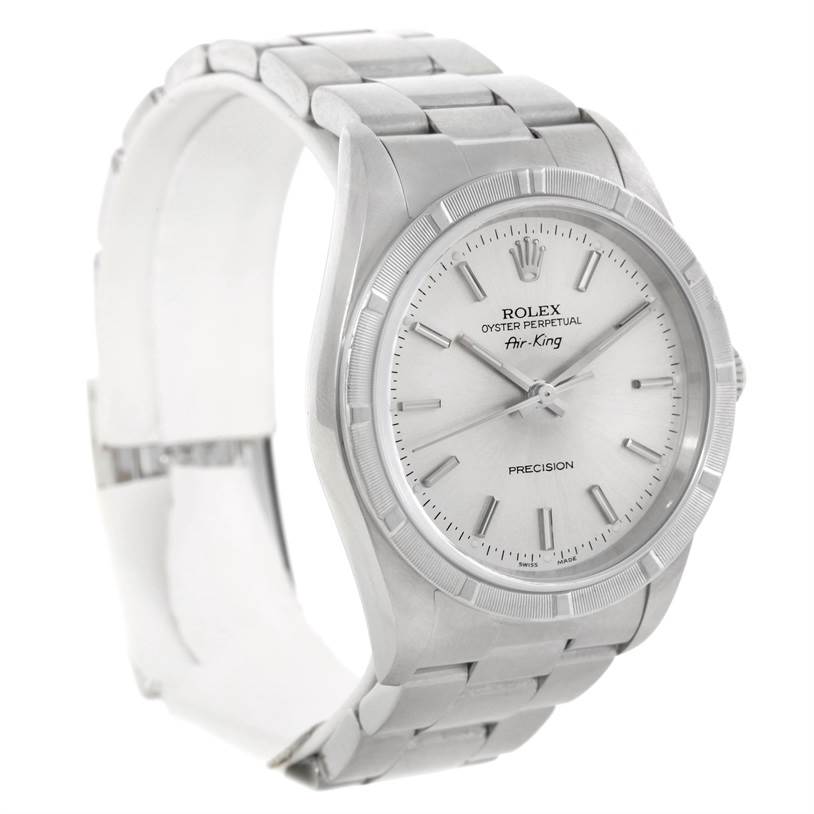 The image shows a Rolex Air-King 14010 Men's Stainless Steel Silver Dial 14010 Men's Stainless Steel Silver Dial watch at a slight left-side angle, highlighting the dial, bezel, and part of the bracelet.