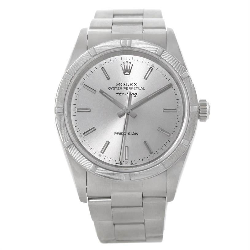 This image shows a front view of a Rolex Air-King 14010 Men's Stainless Steel Silver Dial 14010 Men's Stainless Steel Silver Dial watch, displaying its dial, hands, crown, and bracelet.