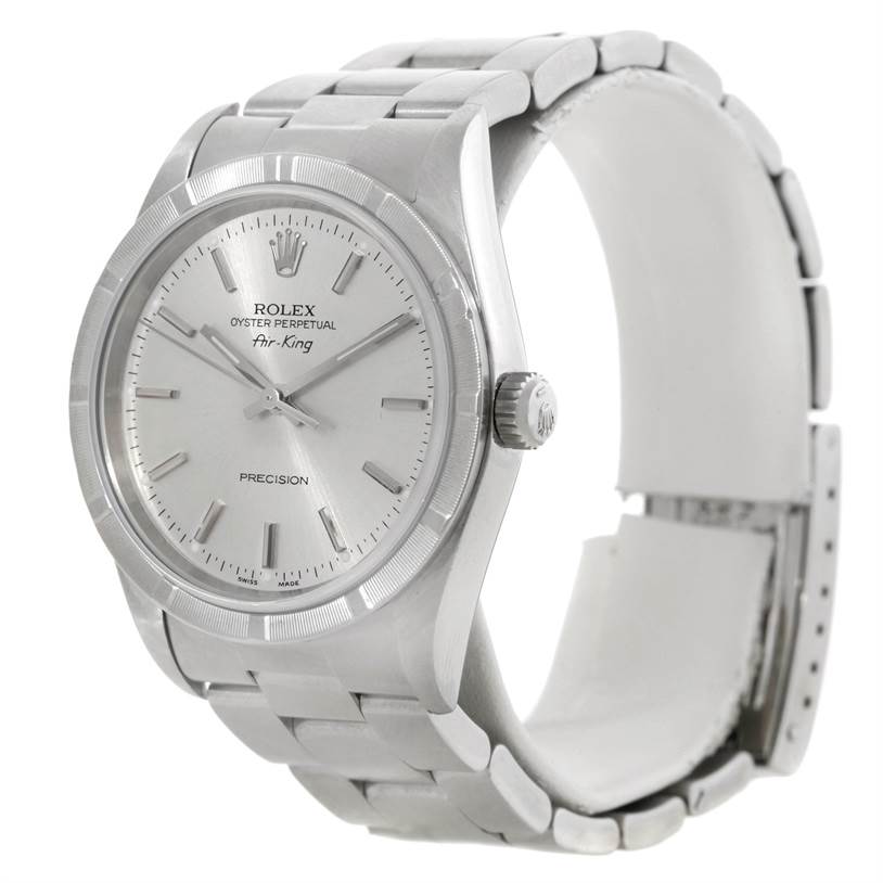 The image shows a side-facing angle of the Rolex Air-King 14010 Men's Stainless Steel Silver Dial 14010 Men's Stainless Steel Silver Dial watch, displaying its face, case, bracelet, and crown.