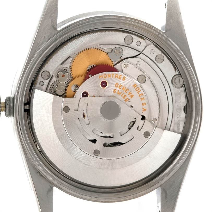 This image shows the internal mechanical movement of a Rolex Air-King 14010 Men's Stainless Steel Silver Dial 14010 Men's Stainless Steel Silver Dial watch viewed from the back case.