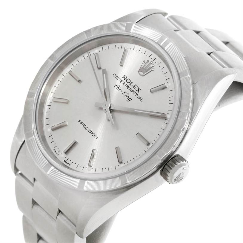 The Rolex Air-King 14010 Men's Stainless Steel Silver Dial 14010 Men's Stainless Steel Silver Dial watch is shown at a three-quarter angle, displaying the face, bezel, crown, and part of the bracelet.