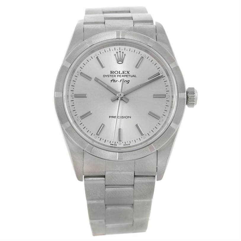 The image shows a front view of a Rolex Air-King 14010 Men's Stainless Steel Silver Dial 14010 Men's Stainless Steel Silver Dial watch, focusing on its dial, bezel, and bracelet.