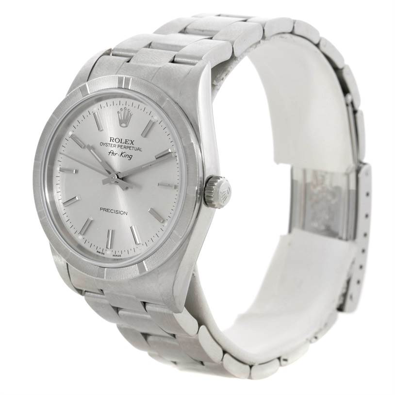 The image shows a Rolex Air-King 14010 Men's Stainless Steel Silver Dial 14010 Men's Stainless Steel Silver Dial watch from a three-quarter angle, highlighting the face, bezel, crown, and bracelet.