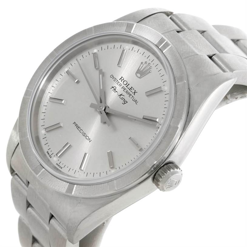 This image shows a close-up angle of the Rolex Air-King 14010 Men's Stainless Steel Silver Dial 14010 Men's Stainless Steel Silver Dial watch, highlighting the face, dial, and part of the metal strap.