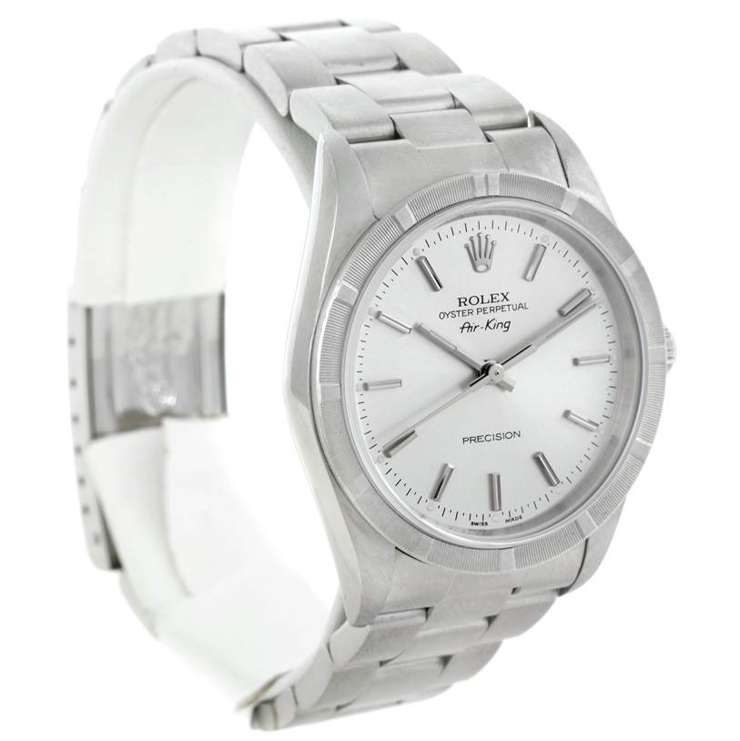 The Rolex Air-King 14010 Men's Stainless Steel Silver Dial 14010 Men's Stainless Steel Silver Dial watch is shown at a three-quarter angle, displaying the face, bezel, and bracelet.