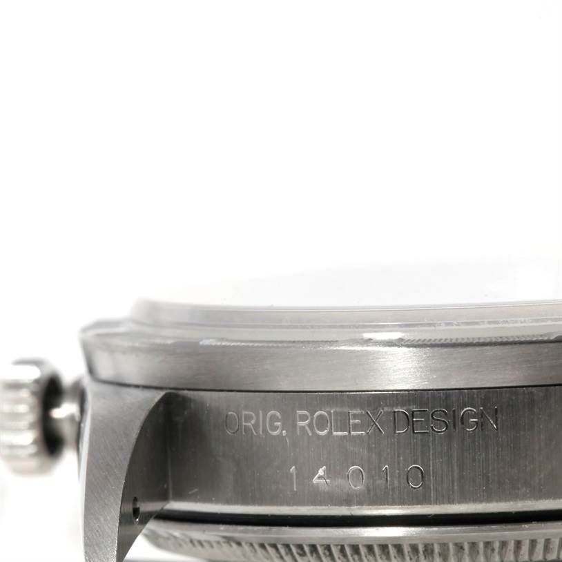 This image shows a side view of the Rolex Air-King 14010 Men's Stainless Steel Black Dial 14010 Men's Stainless Steel Black Dial, focusing on the case, crown, and engraved serial number.