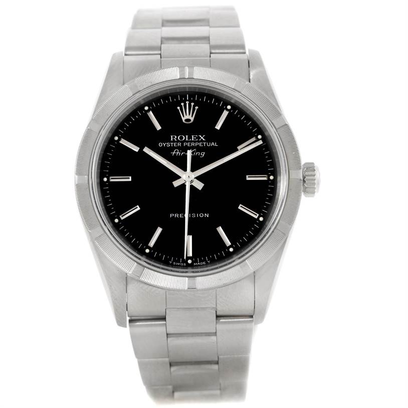 The image shows a front view of the Rolex Air-King 14010 Men's Stainless Steel Black Dial 14010 Men's Stainless Steel Black Dial watch, displaying the dial, hands, bezel, and bracelet.