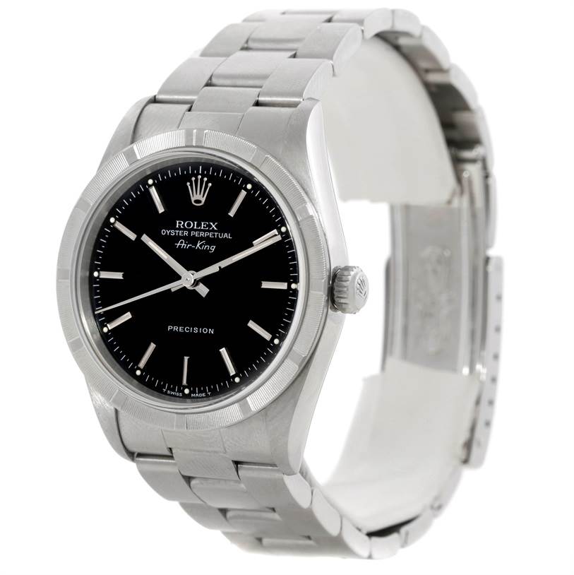 This image shows a side view of the Rolex Air-King 14010 Men's Stainless Steel Black Dial 14010 Men's Stainless Steel Black Dial watch, highlighting its face, crown, and metal bracelet.