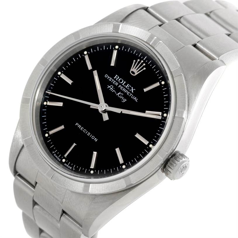 The image shows the Rolex Air-King 14010 Men's Stainless Steel Black Dial 14010 Men's Stainless Steel Black Dial watch face and part of the bracelet, viewed at a slight angle from the front.