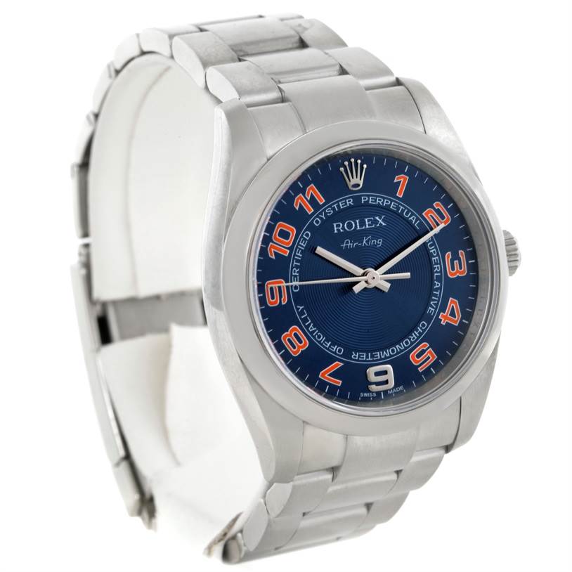 This image shows a Rolex Air-King 114200 Men's Stainless Steel Blue Dial 114200 Men's Stainless Steel Blue Dial watch from a front diagonal angle, highlighting its dial, bezel, and bracelet.