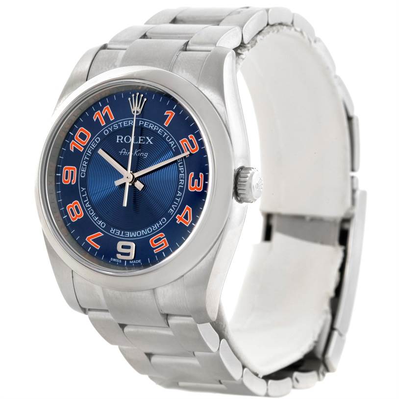 This image shows a front angle of the Rolex Air-King 114200 Men's Stainless Steel Blue Dial 114200 Men's Stainless Steel Blue Dial watch, highlighting its dial, bezel, and bracelet.