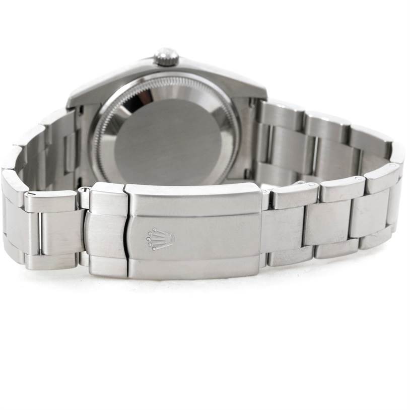 The image shows the back and clasp of a Rolex Air-King 114200 Men's Stainless Steel Blue Dial 114200 Men's Stainless Steel Blue Dial watch viewed from the rear angle.