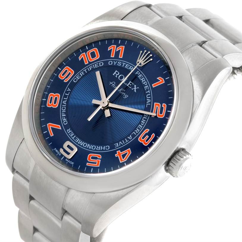 The image shows a Rolex Air-King 114200 Men's Stainless Steel Blue Dial 114200 Men's Stainless Steel Blue Dial watch angled slightly from the front, showcasing the face, crown, and part of the bracelet.