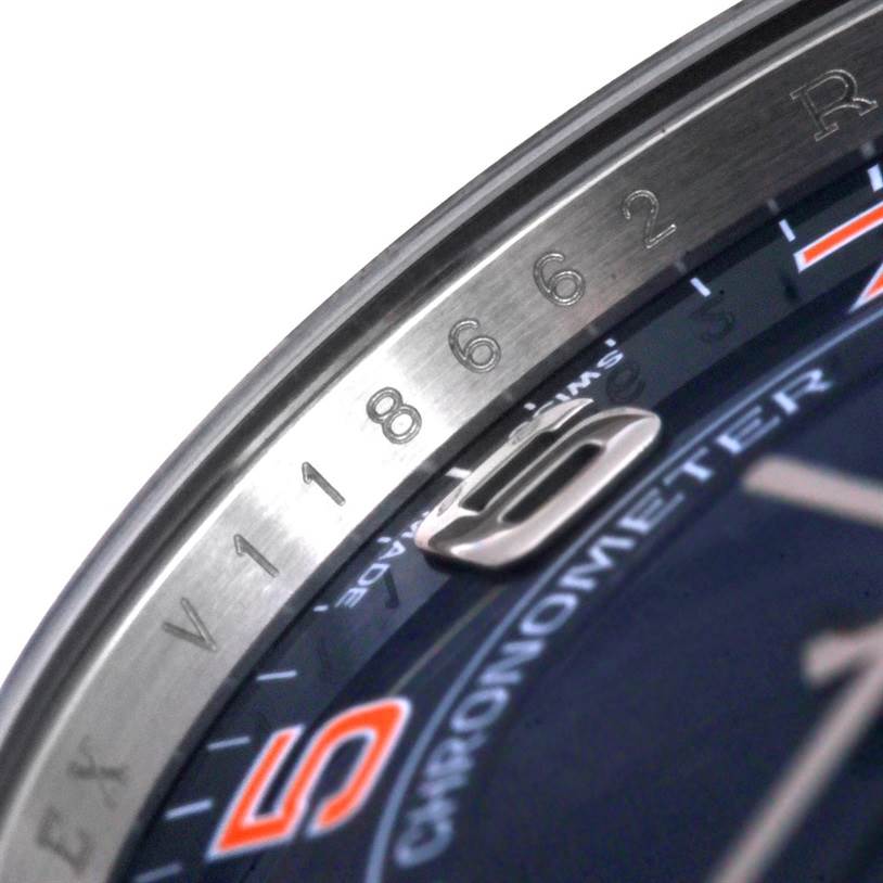 This close-up image of a Rolex Air-King 114200 Men's Stainless Steel Blue Dial 114200 Men's Stainless Steel Blue Dial watch shows the bezel, part of the dial, and numerals.