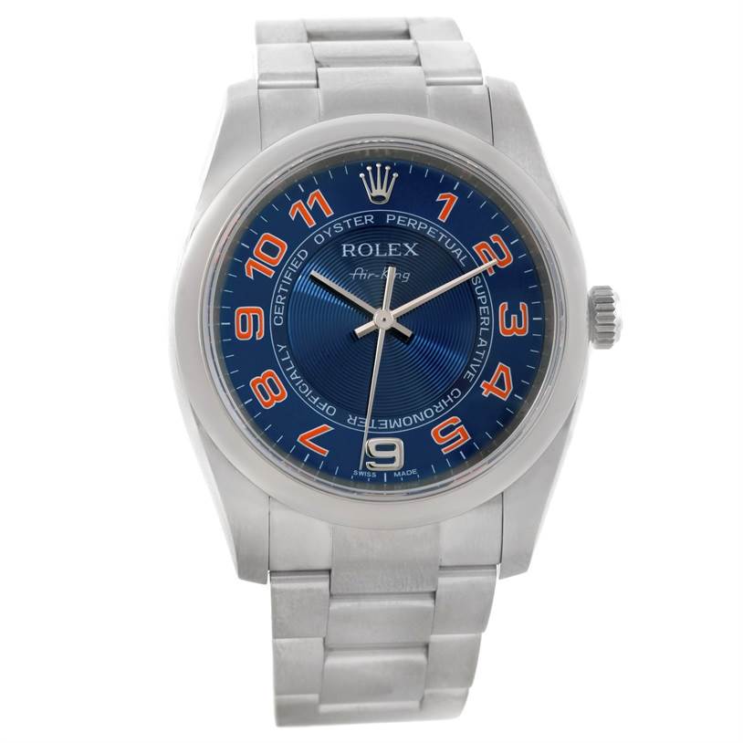 This image shows a front view of a Rolex Air-King 114200 Men's Stainless Steel Blue Dial 114200 Men's Stainless Steel Blue Dial watch, displaying the face, case, bracelet, and crown.