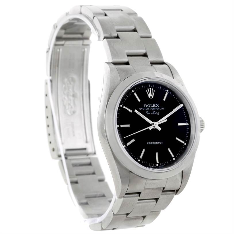 This image shows a Rolex Air-King 14000 Men's Stainless Steel Black Dial 14000 Men's Stainless Steel Black Dial watch angled from the front-left with its bracelet and clasp visible.