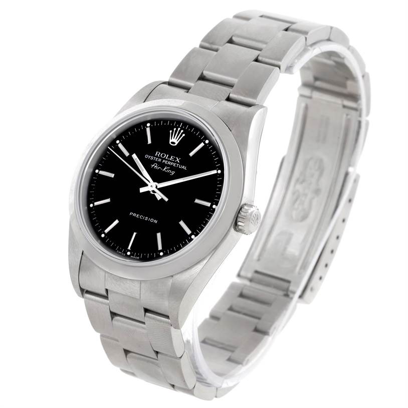 The Rolex Air-King 14000 Men's Stainless Steel Black Dial 14000 Men's Stainless Steel Black Dial watch is displayed at an angle showcasing the face, bezel, crown, and part of the bracelet.