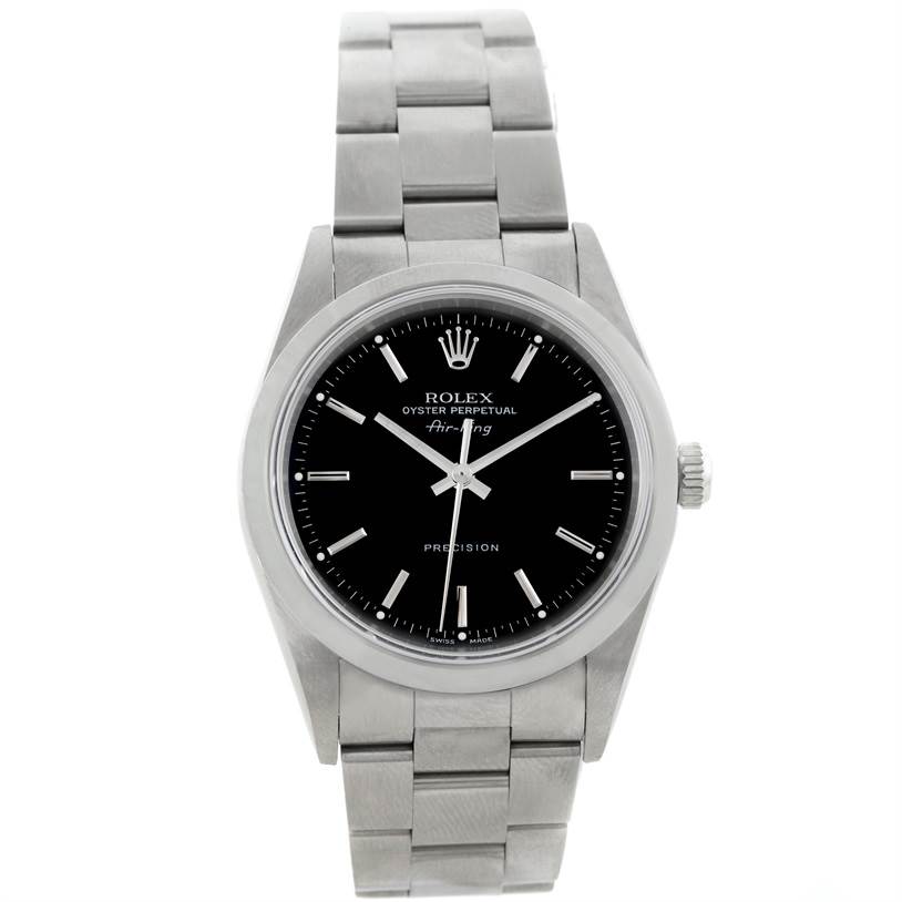 The Rolex Air-King 14000 Men's Stainless Steel Black Dial 14000 Men's Stainless Steel Black Dial watch is shown from a front angle, showcasing its black dial and silver bracelet.