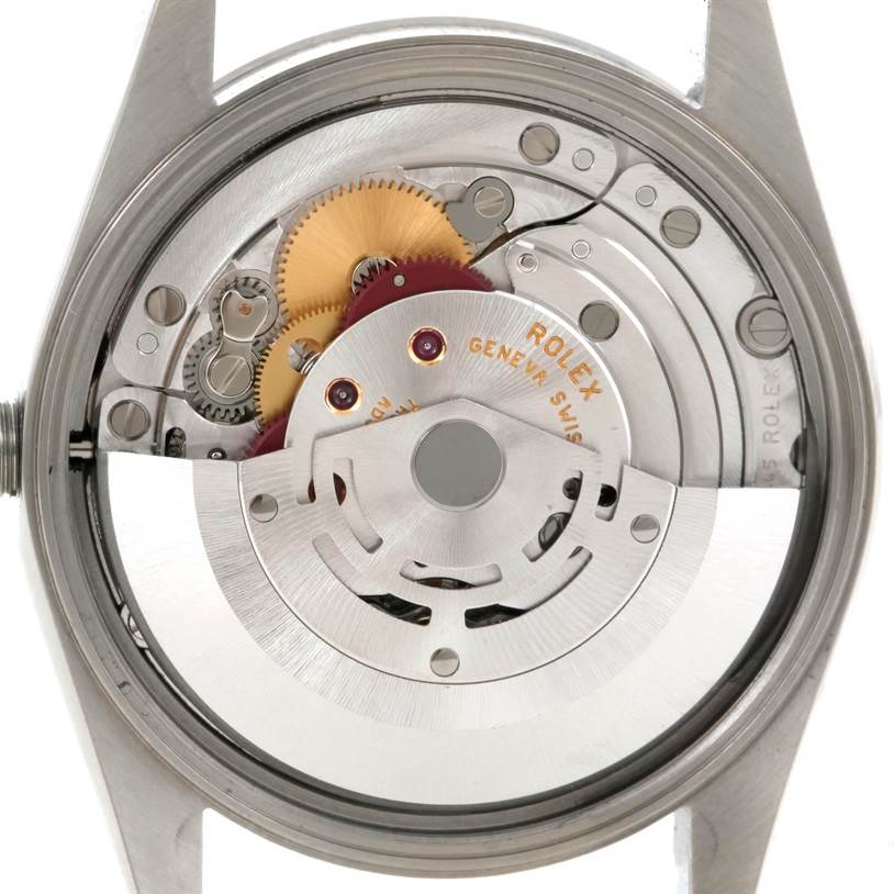 The image shows the internal mechanical movement components of a Rolex Air-King 14000 Men's Stainless Steel Black Dial 14000 Men's Stainless Steel Black Dial watch from the backside.