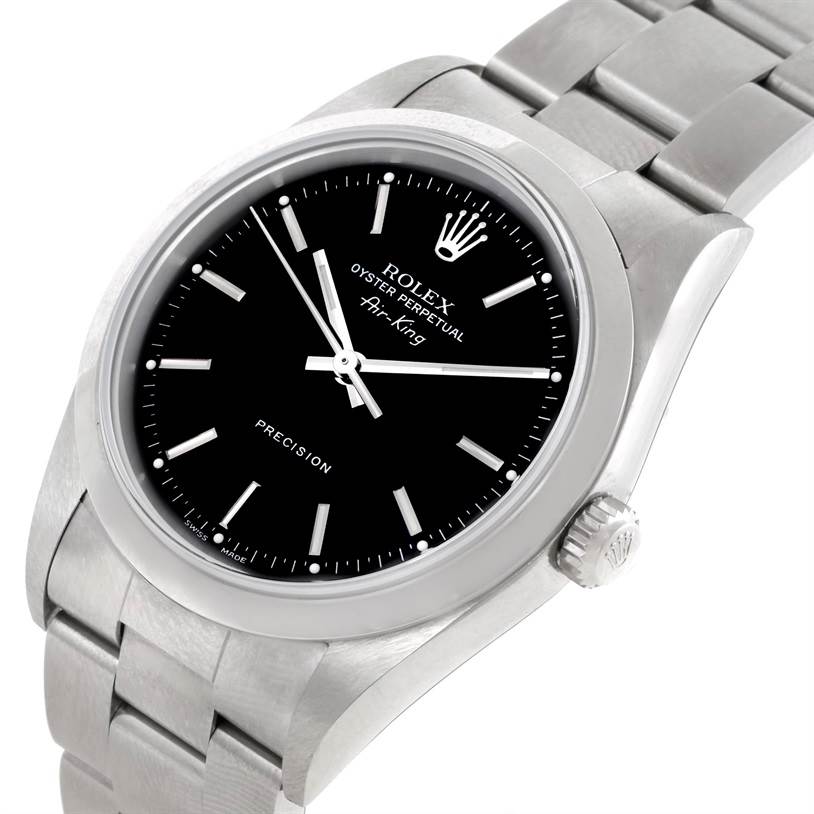 The Rolex Air-King 14000 Men's Stainless Steel Black Dial 14000 Men's Stainless Steel Black Dial watch is shown at an angled view, displaying the face, crown, and part of the bracelet.