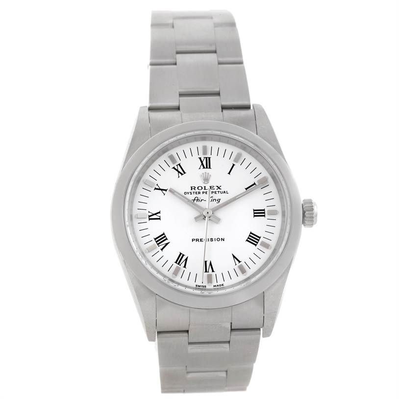 This Rolex Air-King 14000 Men's Stainless Steel White Dial 14000 Men's Stainless Steel White Dial watch is shown from a top-down angle, highlighting its dial, bracelet, and crown.