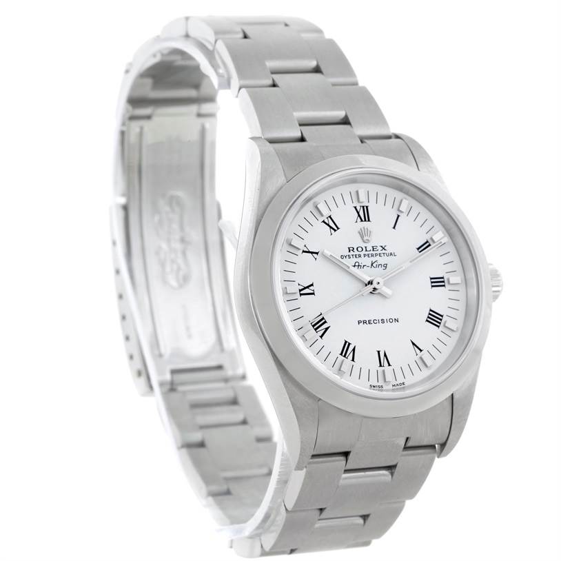 The image shows a Rolex Air-King 14000 Men's Stainless Steel White Dial 14000 Men's Stainless Steel White Dial watch at a slight angle, focusing on its face, bracelet, and partially open clasp.