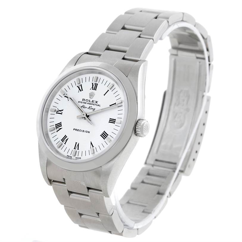The Rolex Air-King 14000 Men's Stainless Steel White Dial 14000 Men's Stainless Steel White Dial watch is shown at a three-quarter angle, displaying its face, bracelet, and clasp.