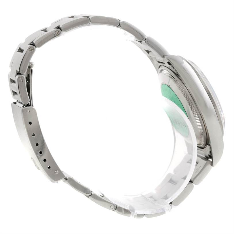 This image shows a side profile of a Rolex Air-King 14000 Men's Stainless Steel White Dial 14000 Men's Stainless Steel White Dial watch, highlighting the bracelet and clasp mechanism.