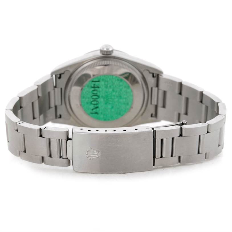 The image shows the back view of a Rolex Air-King 14000 Men's Stainless Steel White Dial 14000 Men's Stainless Steel White Dial watch, highlighting its stainless steel bracelet and clasp.