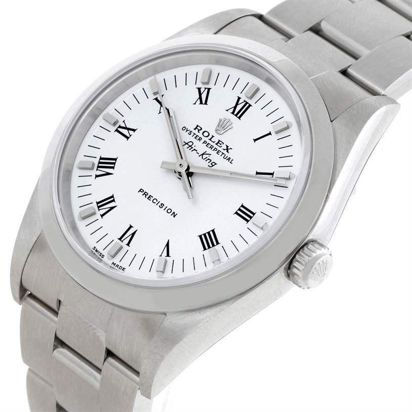 This image shows a slightly angled front view of the Rolex Air-King 14000 Men's Stainless Steel White Dial 14000 Men's Stainless Steel White Dial watch, highlighting the face, bezel, and bracelet.
