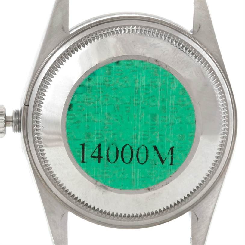 This image shows the case back of a Rolex Air-King 14000 Men's Stainless Steel White Dial 14000 Men's Stainless Steel White Dial watch, viewed from the back.