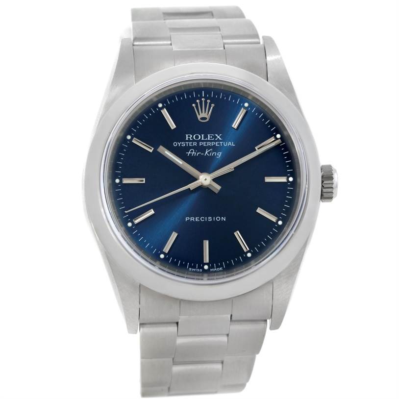 The image shows a front view of a Rolex Air-King 14000 Men's Stainless Steel Blue Dial 14000 Men's Stainless Steel Blue Dial watch, displaying the dial, hour markers, and stainless steel bracelet.