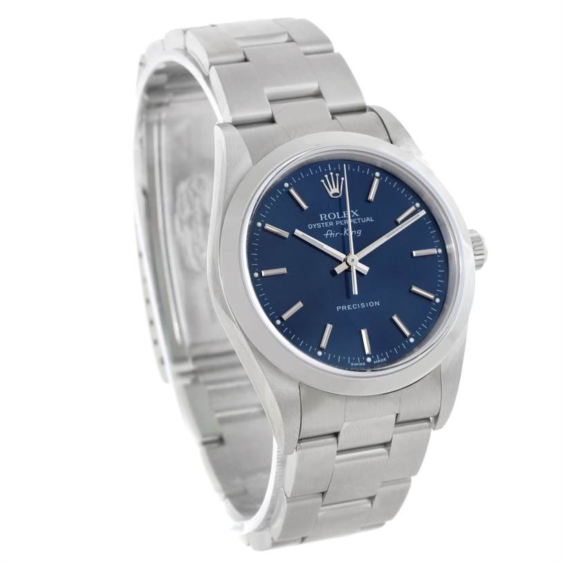 This image shows a Rolex Air-King 14000 Men's Stainless Steel Blue Dial 14000 Men's Stainless Steel Blue Dial watch from a three-quarter angle, displaying the dial, case, and bracelet.