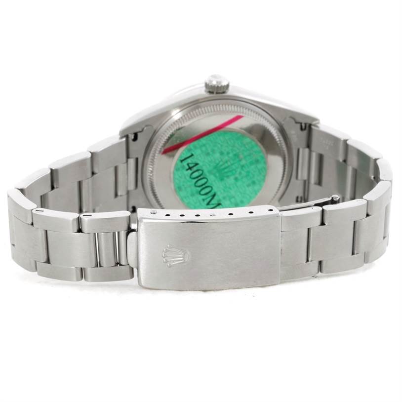 The image shows the Rolex Air-King 14000 Men's Stainless Steel Blue Dial 14000 Men's Stainless Steel Blue Dial watch from the back, highlighting its bracelet and closed clasp.