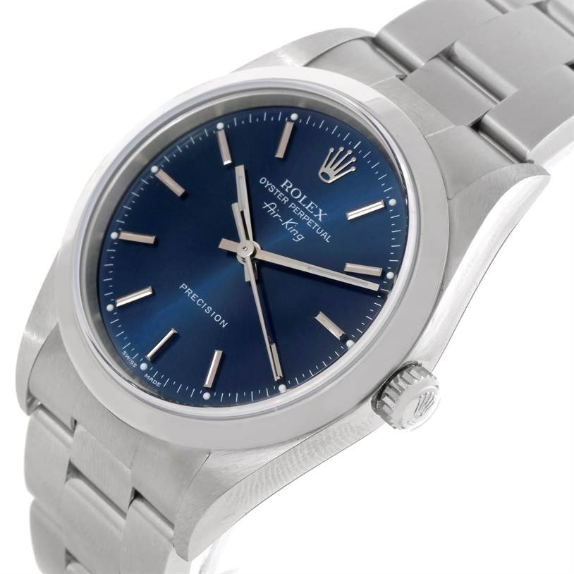 This image shows a close-up angle of the Rolex Air-King 14000 Men's Stainless Steel Blue Dial 14000 Men's Stainless Steel Blue Dial watch, highlighting its blue dial, bezel, crown, and part of the metal bracelet.